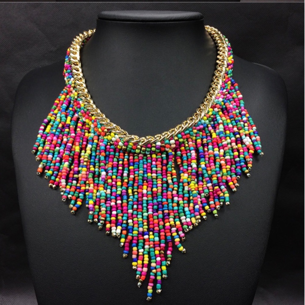 STUNNING seed beaded statement necklace gold chain